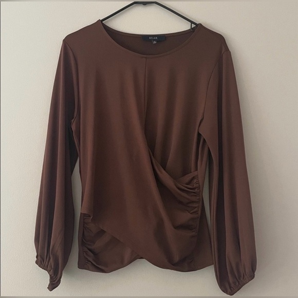 Eclair Tops - Eclair Draped Side-Ruched Brown Long Sleeve Top Women’s Medium